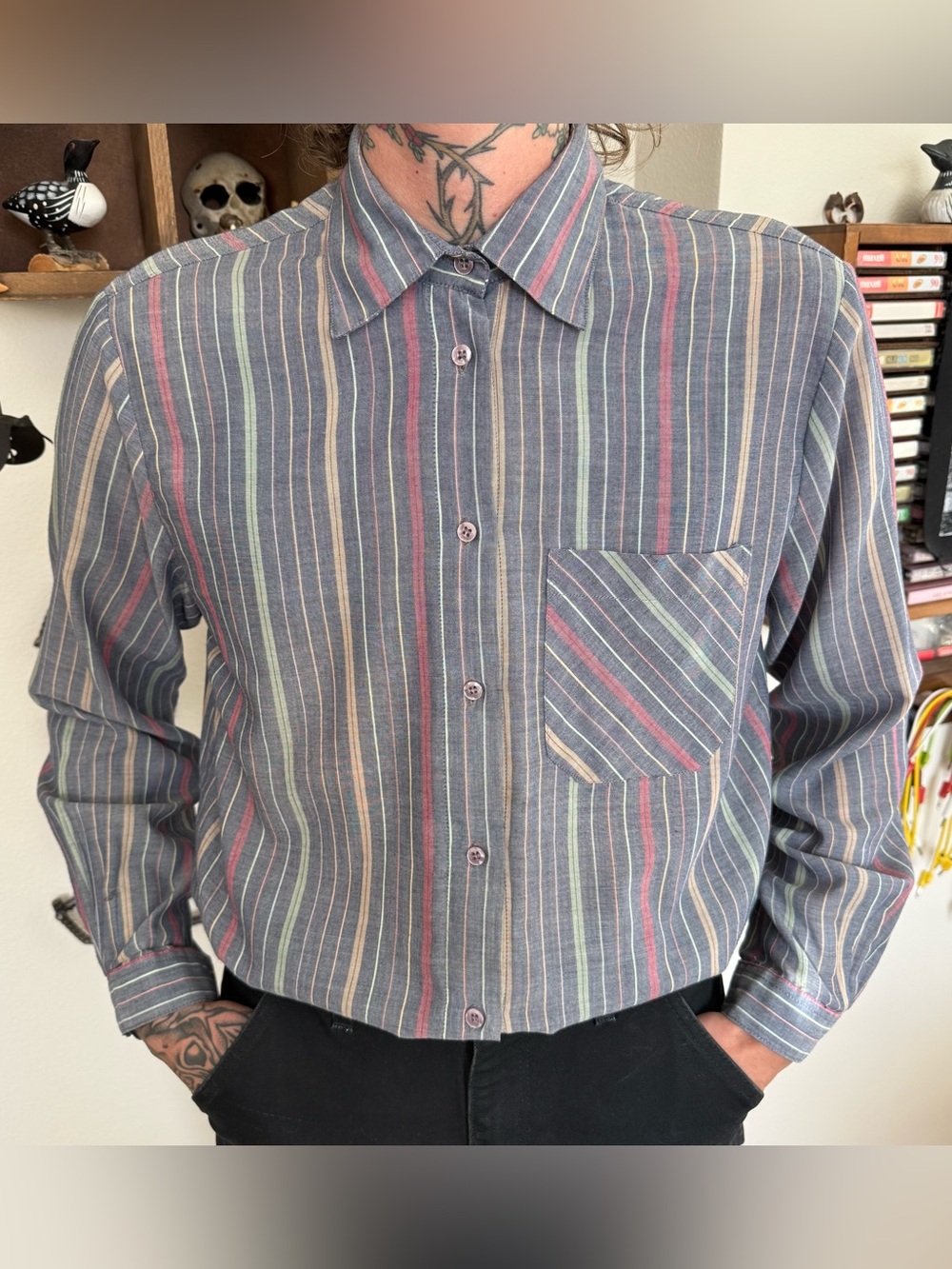 Vintage 80s Striped LS Button Down Shirt ~ Size Large / 12